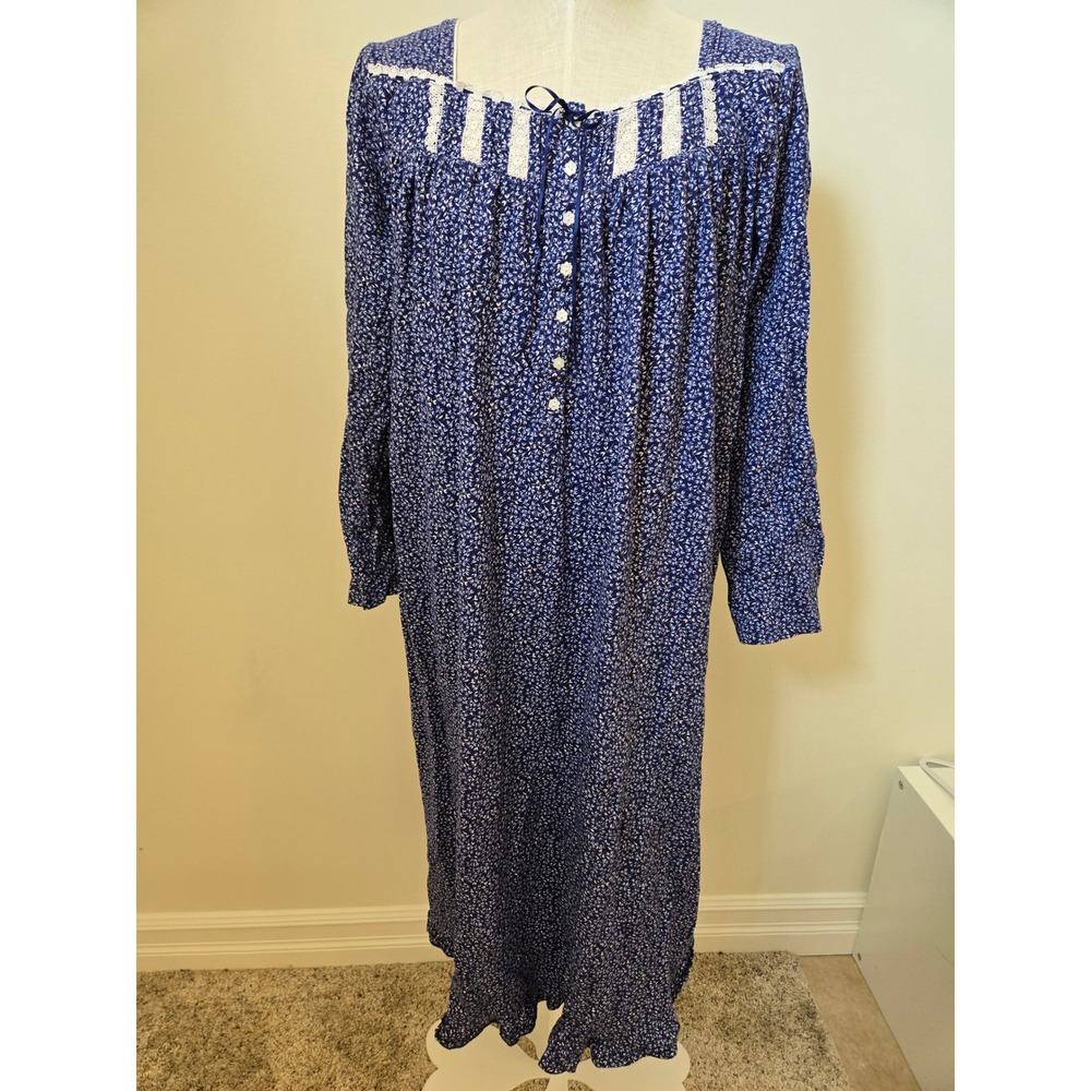 Eileen West Large Blue Floral Cotton Nightgown Lace Trim Long Sleeve Sleepwear